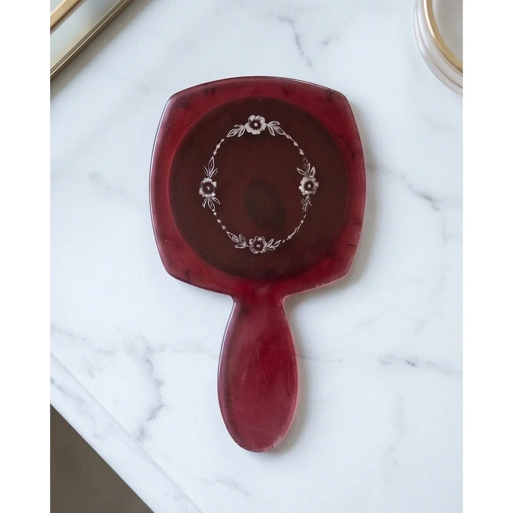 Vintage‎ 60s 70s Hand Mirror Art Deco Floral Red Lucite Made in USA